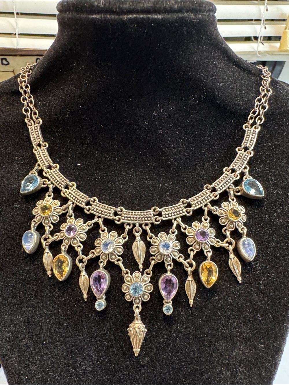 Multi-Gem  Floral Drop Nikki Butler necklace Sterling Silver.